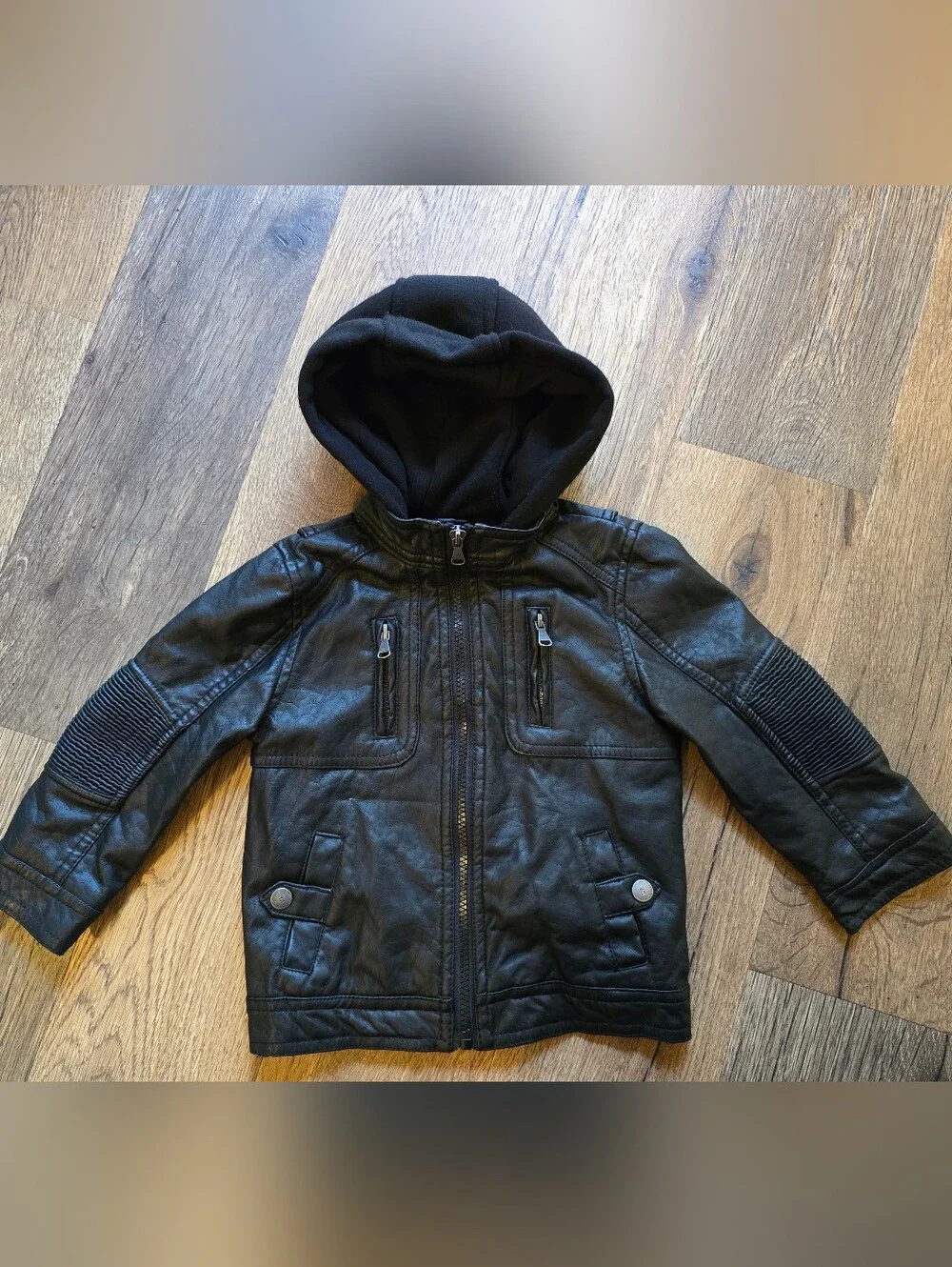 Urban Republic Black Faux Leather Hooded Jacket for Kids - Zipper Front